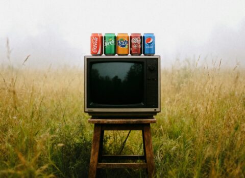 Télévision vintage et canettes de soda dans l’herbe – exposition photo “Objets du passé”